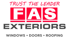 Logo of FAS Exteriors, with "Trust the Leader" at top and "Windows, Doors, Roofing" below